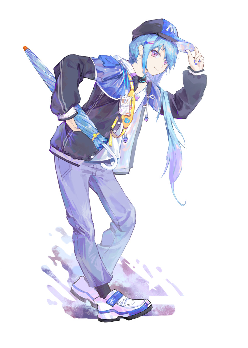 1boy absurdres adjusting_clothes adjusting_headwear allieali arknights baseball_cap black_hat black_jacket blue_hair character_name chinese_commentary closed_mouth commentary_request denim full_body hair_ornament hairclip hat highres holding holding_umbrella infection_monitor_(arknights) jacket jeans leaning leaning_forward long_hair long_sleeves looking_at_viewer male_focus mizuki_(arknights) open_clothes open_jacket pants peaked_cap pink_hair purple_pants simple_background smile solo standing transparent_background umbrella