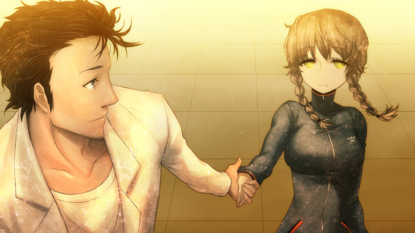1boy 1girl adam&#039;s_apple amane_suzuha beard_stubble black_hair blue_jacket braid breast_pocket breasts brown_hair closed_mouth coat collarbone couple eye_contact facial_hair fingernails floating_hair game_cg grey_eyes hair_between_eyes hair_tie hetero high_collar highres holding_hands huke jacket lab_coat lapels long_sleeves looking_at_another looking_back medium_breasts messy_hair notched_lapels object_in_pocket official_art okabe_rintarou on_rooftop outdoors outstretched_arm pen_in_pocket pocket ringed_eyes rooftop shirt smile square_pupils standing steins;gate stubble sunset t-shirt tile_floor tiles track_jacket twin_braids twintails white_coat white_shirt yellow_eyes zipper zipper_pull_tab