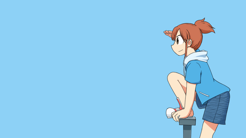 1girl arawi_keiichi_(style) blue_background blue_hoodie blue_shorts brown_eyes brown_hair city_(arawi_keiichi) closed_mouth foot_up hand_up highres hood hood_down hoodie looking_ahead medium_hair nagumo_midori official_style ponytail readybug red_shoes shoes short_ponytail shorts sidelocks simple_background smile solo