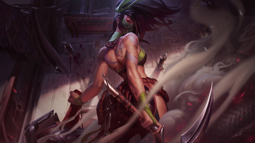 1girl absurdres akali arm_tattoo back back_tattoo backless_outfit bare_shoulders black_hair bra breasts dagger dragon_tattoo from_behind highres hip_vent holding holding_weapon jessica_oyhenart kama_(weapon) knife kunai league_of_legends long_hair looking_at_viewer looking_back mask midriff ninja official_art ponytail redesign rope rope_belt sickle smoke solo standing tattoo toned toned_female underwear weapon
