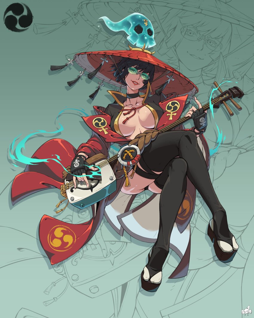 1girl absurdres adapted_costume black_choker black_hair black_thighhighs breasts breasts_apart choker cleavage coat crossed_legs fingerless_gloves full_body glasses gloves guilty_gear guilty_gear_strive hat hat_ornament high_collar highres i-no instrument invisible_chair japanese_clothes lambsplash large_breasts looking_at_viewer mitsudomoe_(shape) mole mole_above_mouth music parted_lips playing_instrument red_coat red_nails rice_hat shamisen short_hair signature sitting skull_hat_ornament tabi thighhighs tinted_eyewear tomoe_(symbol) witch_hat zoom_layer