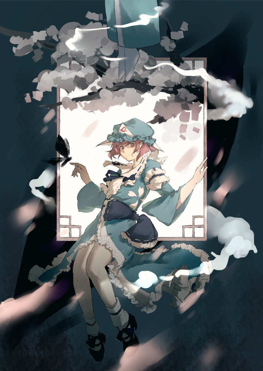 2girls absurdres aqua_dress aqua_hat black_bow black_ribbon black_shoes bow closed_mouth colored_eyelashes dress dual_persona frilled_bow frilled_shirt_collar frills hanged hat highres mob_cap multiple_girls neck_ribbon pangxiaoq105 pink_eyes pink_hair ribbon ribbon-trimmed_bow ribbon_trim saigyouji_yuyuko saigyouji_yuyuko_(living) shoes short_hair sitting smile socks touhou triangular_headpiece white_socks