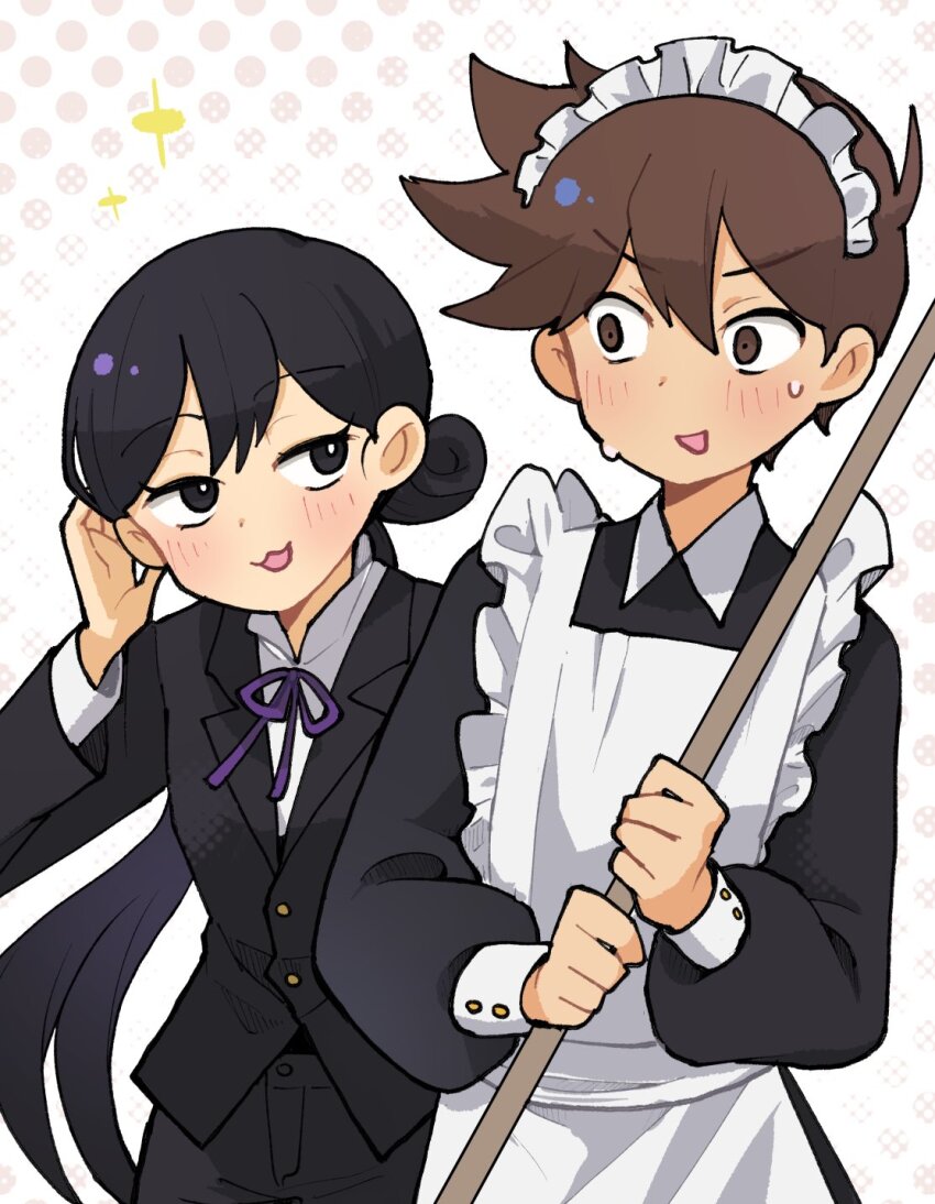 1boy 1girl alternate_costume alternate_hairstyle black_eyes black_hair black_pants bright_pupils brown_eyes brown_hair butler dark-skinned_male dark_skin doroidsan enmaided female_butler formal_clothes hero_(faraway)_(omori) hero_(omori) highres holding long_hair long_sleeves looking_at_another low_ponytail maid maid_headdress mari_(faraway)_(omori) mari_(omori) omori open_mouth pants ponytail suit sweat white_pupils