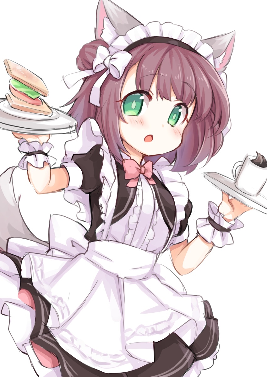 1girl absurdres animal_ears apron azur_lane coffee coffee_mug cup dog_ears dog_tail food green_eyes hair_bun highres holding holding_tray kinomiki_nobori looking_at_viewer maid maid_apron maid_headdress mug open_mouth plate ribbon sandwich shiratsuyu_(azur_lane) shiratsuyu_(is_the_order_a_torpedo?)_(azur_lane) short_hair single_side_bun solo tail tray white_background
