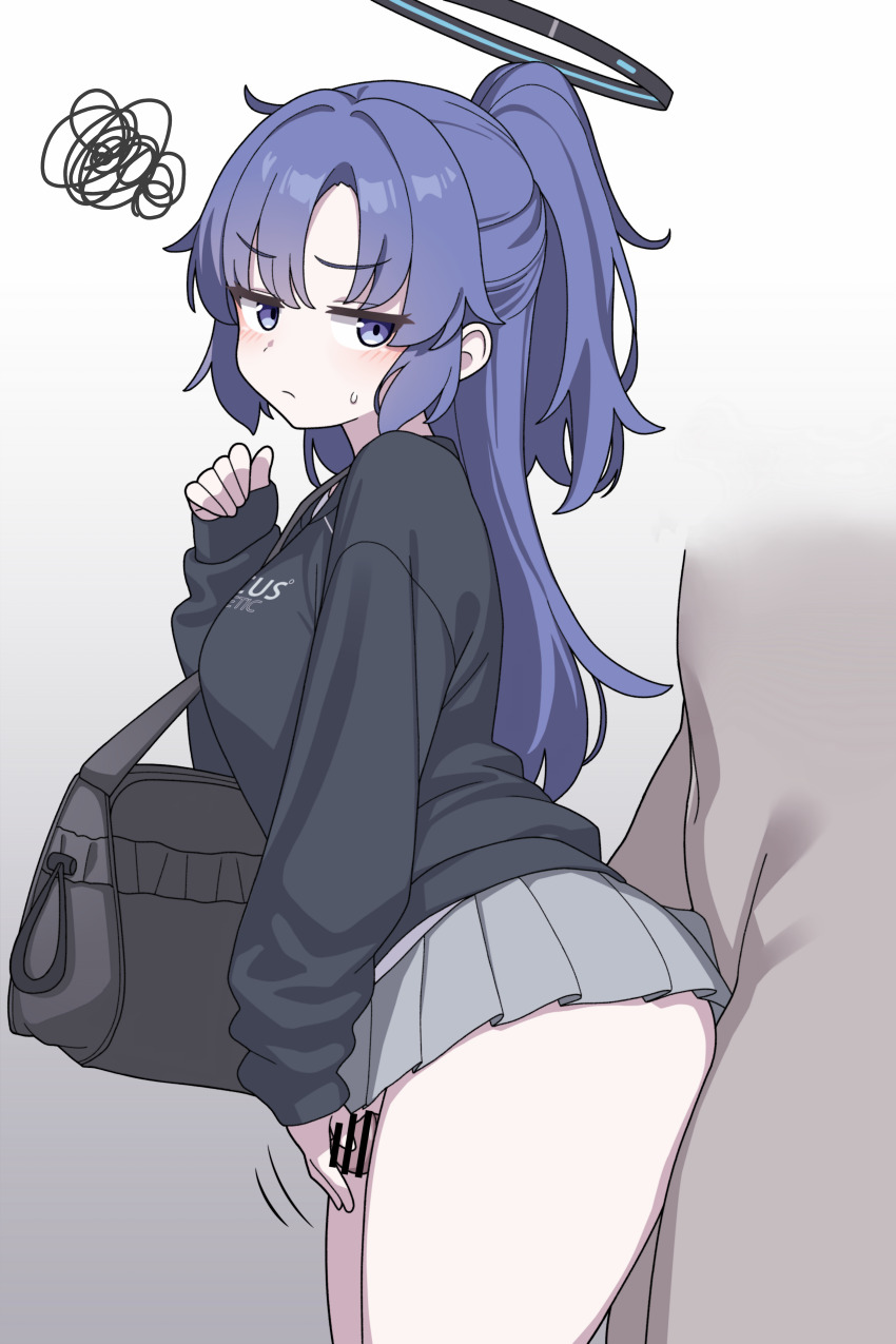 1boy 1girl absurdres alternate_costume bar_censor black_halo black_hoodie blue_archive breasts censored erection grey_skirt grinding halo hetero highres hood hood_down hoodie long_sleeves mechanical_halo medium_breasts miniskirt penis ponytail purple_eyes purple_hair skirt solo_focus squiggle thick_thighs thigh_sex thighs vector_(dmlddmld00) yuuka_(blue_archive)