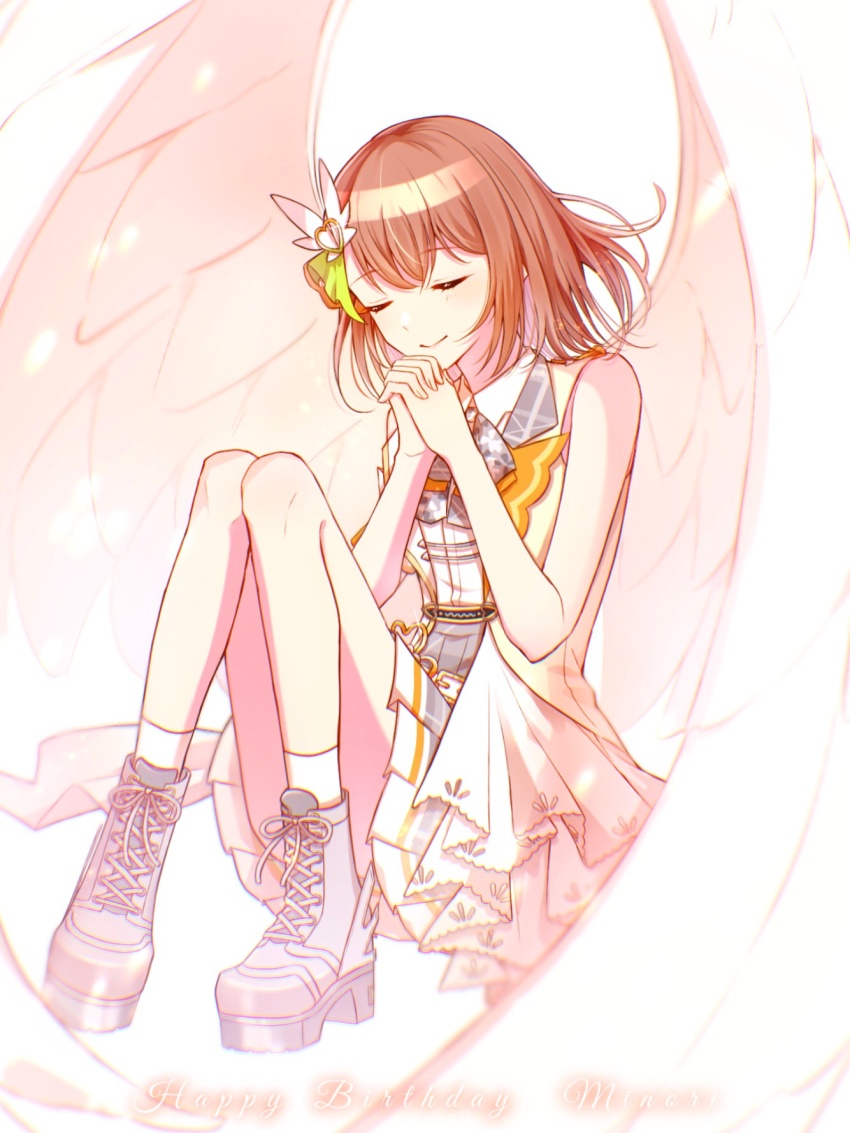 1girl brown_hair character_name closed_eyes closed_mouth commentary feathered_wings full_body hair_ornament hanasato_minori happy_birthday highres knees_up medium_hair official_alternate_costume own_hands_together project_sekai shoelaces sleeveless socks solo symbol-only_commentary teneko02 todoke!_hopeful_stage_(project_sekai) white_socks wings