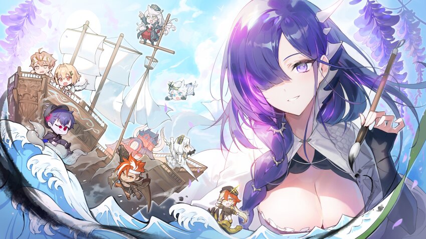 4boys 5girls absurdres alchemy_stars black_gloves braid braided_ponytail breasts brown_hair calligraphy_brush carleen_(alchemy_stars) charon_(alchemy_stars) chibi cleavage cleavage_cutout clothing_cutout cloud coat dress falling fingerless_gloves flower gloves gronru_(alchemy_stars) hair_over_one_eye hat headband highres holding holding_brush horns kleken_(alchemy_stars) large_breasts long_hair looking_at_viewer mu_yuebai_(alchemy_stars) multiple_boys multiple_girls navigator_(alchemy_stars) open_mouth paintbrush petals philyshy_(alchemy_stars) pointing purple_eyes purple_hair red_hair ship sinsa_(alchemy_stars) smile solo_focus soyoong_jun sweatdrop tail tentacles vice_(alchemy_stars) water watercraft waves white_dress white_hair wisteria
