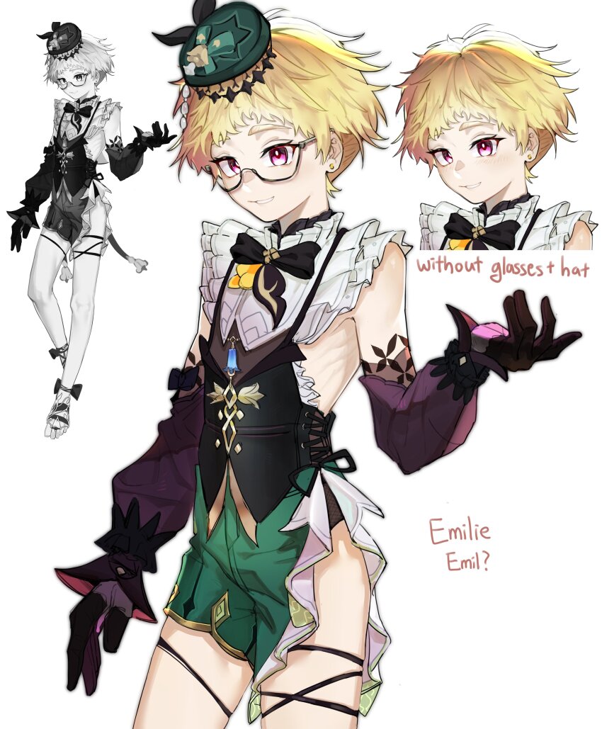 1boy absurdres bana_gameg bishounen black_bow black_bowtie black_vest blonde_hair blush bow bowtie brown_gloves brown_sleeves earrings emilie_(genshin_impact) genderswap genderswap_(ftm) genshin_impact glasses gloves green_hat green_shorts hat highres jewelry male_focus multicolored_hair pink_eyes semi-rimless_eyewear short_hair shorts smile solo vest
