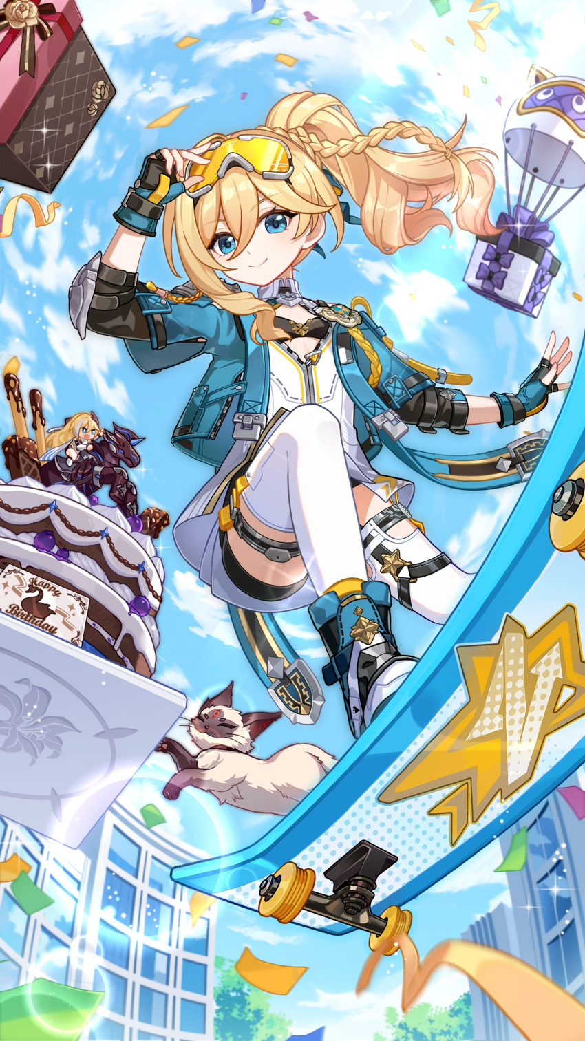 1girl absurdres aged_down aqua_jacket birthday_cake black_bra black_gloves black_shorts blonde_hair blue_eyes blue_sky box bra breasts cake cake_decoration cat cloud commentary durandal_(honkai_impact) durandal_(palatinus_equinox)_(honkai_impact) durandal_(reign_solaris)_(honkai_impact) fingerless_gloves food gift gift_box gloves goggles goggles_on_head highres honkai_(series) honkai_impact_3rd horseback_riding jacket long_hair official_art riding shirt shorts skateboard skating sky small_breasts smile stan_(honkai_impact) theresa_apocalypse theresa_apocalypse_(schicksal&#039;s_imperative) thighhighs underwear white_shirt white_thighhighs