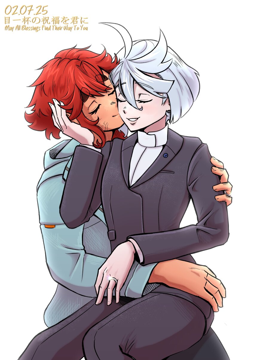 2girls absurdres black_jacket black_pants blue_jacket closed_eyes closed_mouth commentary dated english_commentary facial_scar grin gundam gundam_suisei_no_majo highres jacket jewelry kiss kissing_cheek long_hair long_sleeves miorine_rembran multiple_girls pants red_hair ring scar scar_on_cheek scar_on_face short_hair simple_background sitting sitting_on_lap sitting_on_person smile suletta_mercury supersonicsoda translation_request wedding_ring white_background white_hair wife_and_wife yuri