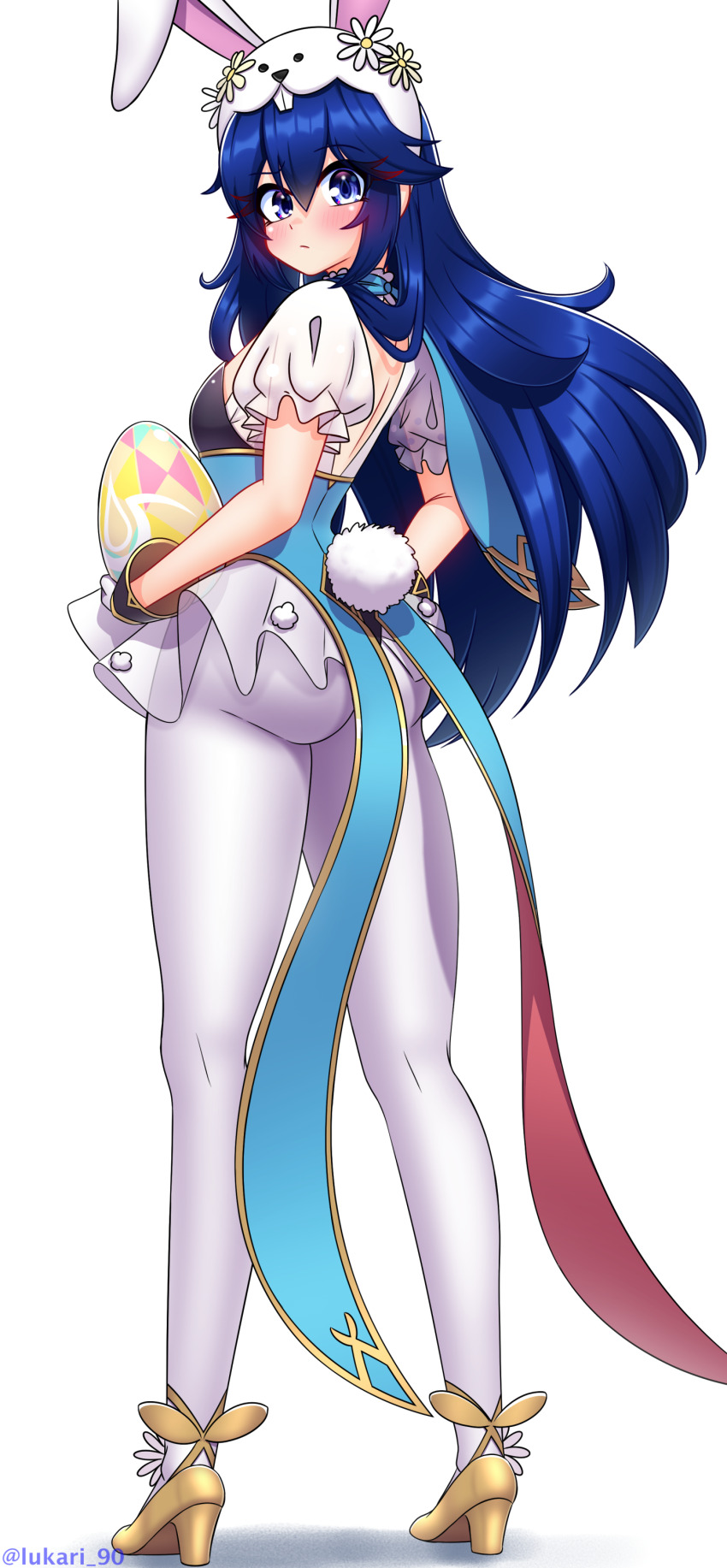 1girl absurdres animal_ears animal_hat ass blue_eyes blue_hair blush brand_of_the_exalt closed_mouth easter easter_egg egg fake_animal_ears fire_emblem fire_emblem_awakening fire_emblem_heroes full_body gloves hat high_heels highres holding holding_egg long_hair looking_at_viewer looking_back lucina_(fire_emblem) lucina_(spring_exalt)_(fire_emblem) lukari nintendo official_alternate_costume pantyhose playboy_bunny puffy_short_sleeves puffy_sleeves rabbit_ears rabbit_hat rabbit_tail short_sleeves simple_background solo tail twitter_username white_background white_pantyhose