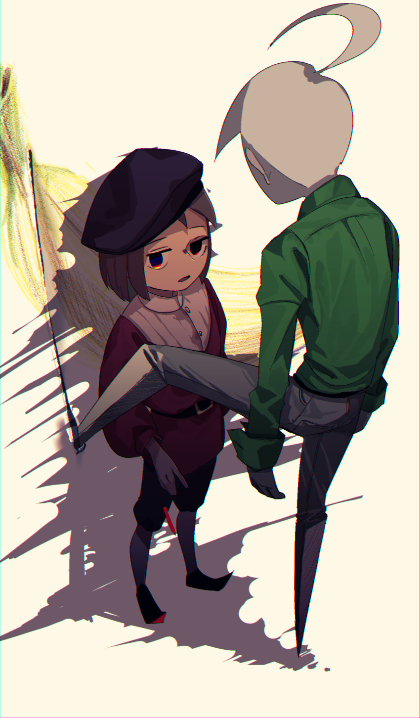 2boys absurdres against_wall ahoge belt belt_buckle beret black_belt black_hair black_pants black_shoes boots brown_hair buckle buttons collared_shirt colored_pencils_(paper_mario) colored_skin dress_shirt from_behind full_body green_shirt grey_boots grey_pants hat height_difference high_collar highres kabedon knee_boots leg_up long_sleeves looking_at_another male_focus mario_(series) multicolored_eyes multiple_boys mumumu57hiro nintendo open_mouth pants paper_mario paper_mario:_the_origami_king personification puffy_long_sleeves puffy_sleeves red_tunic scissors_(paper_mario) shadow shirt shoes short_hair sleeve_cuffs standing tunic white_background white_hair white_shirt white_skin