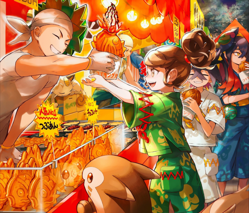 2boys 2girls :d bandana black_hair blue_shirt blue_shorts brown_eyes brown_hair carmine_(pokemon) closed_eyes commentary_request crossed_bangs eating eyelashes festival food food_stand furret gen_1_pokemon gen_2_pokemon gloves green_shirt green_shorts grin hair_between_eyes highres holding juliana_(pokemon) kieran_(pokemon) long_hair magikarp mask mask_on_head meowth multiple_boys multiple_girls night nintendo open_mouth orange_mikan outdoors pokemon pokemon_(creature) pokemon_sv ponytail shirt short_ponytail short_sleeves shorts smile teeth tongue white_shirt white_shorts