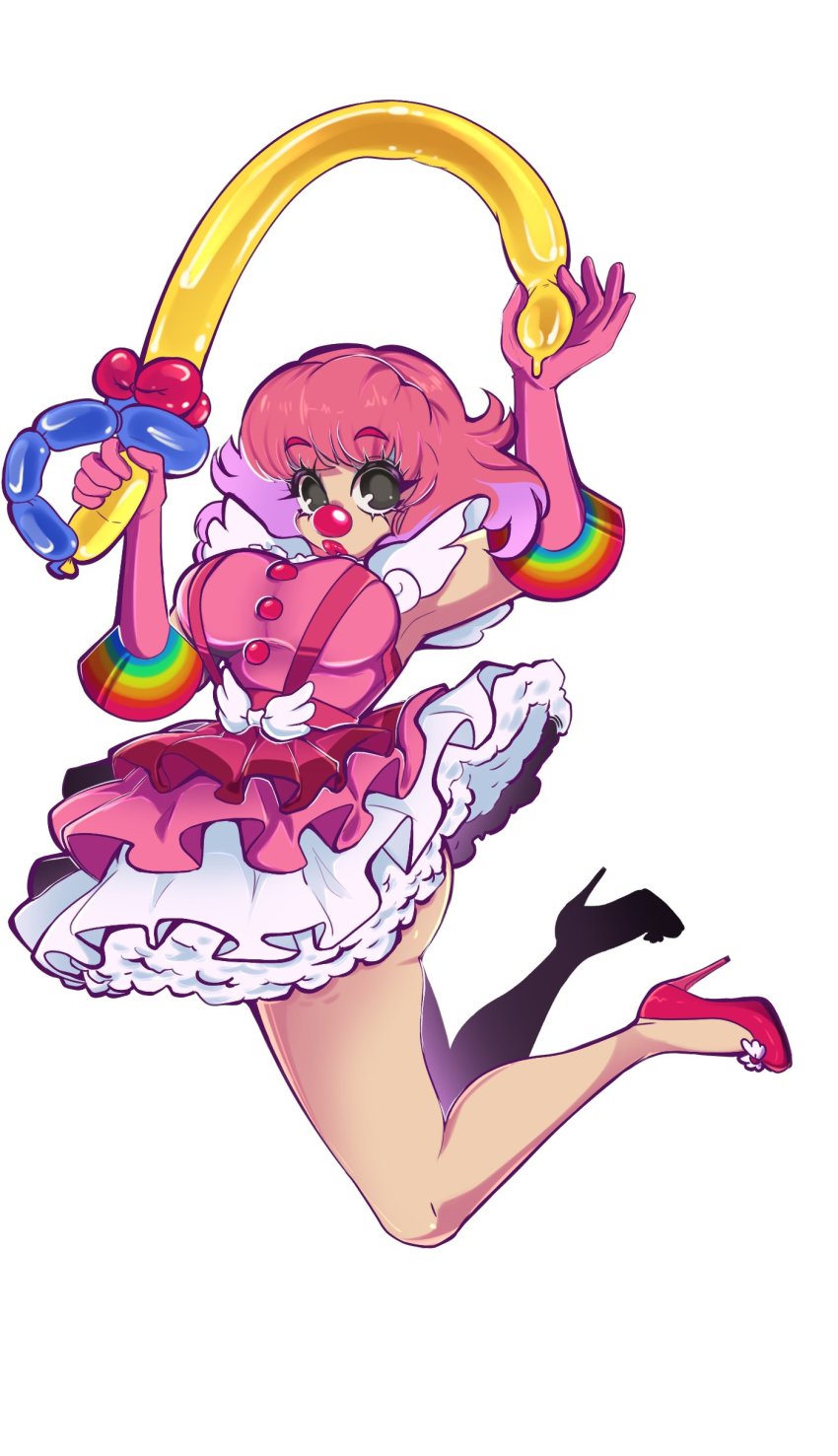 1girl absurdres ace_attorney balloon_sword bare_legs breasts choker clown clown_girl clown_nose dress geiru_toneido gloves high_heels highres legs lipstick looking_at_viewer makeup pink_dress pink_hair pink_heels rainbow_print short_hair