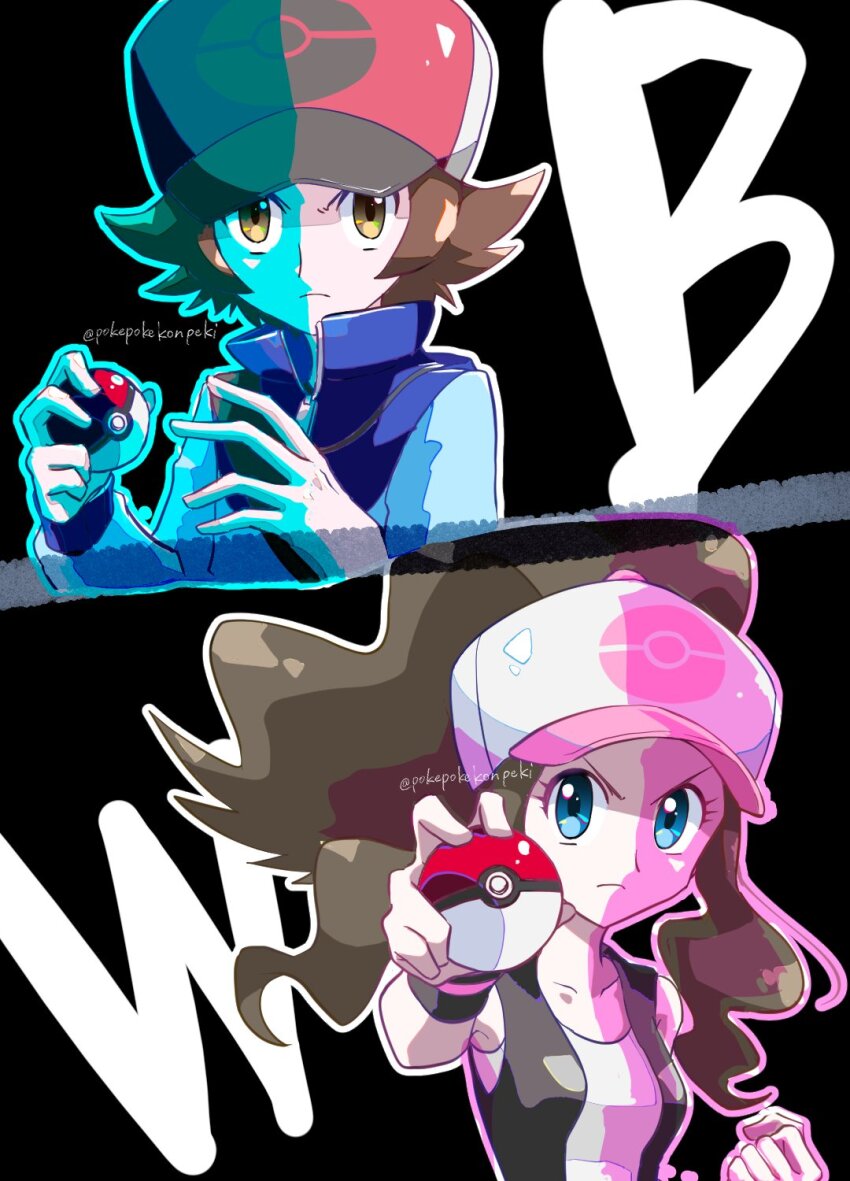 1boy 1girl artist_name baseball_cap blue_eyes blue_jacket brown_hair clenched_hand closed_mouth commentary_request eyelashes hat highres hilbert_(pokemon) hilda_(pokemon) holding holding_poke_ball jacket long_hair medium_hair nintendo poke_ball poke_ball_(basic) poke_ball_print pokemon pokemon_bw pokepokekonpeki print_headwear twitter_username v-shaped_eyebrows yellow_eyes