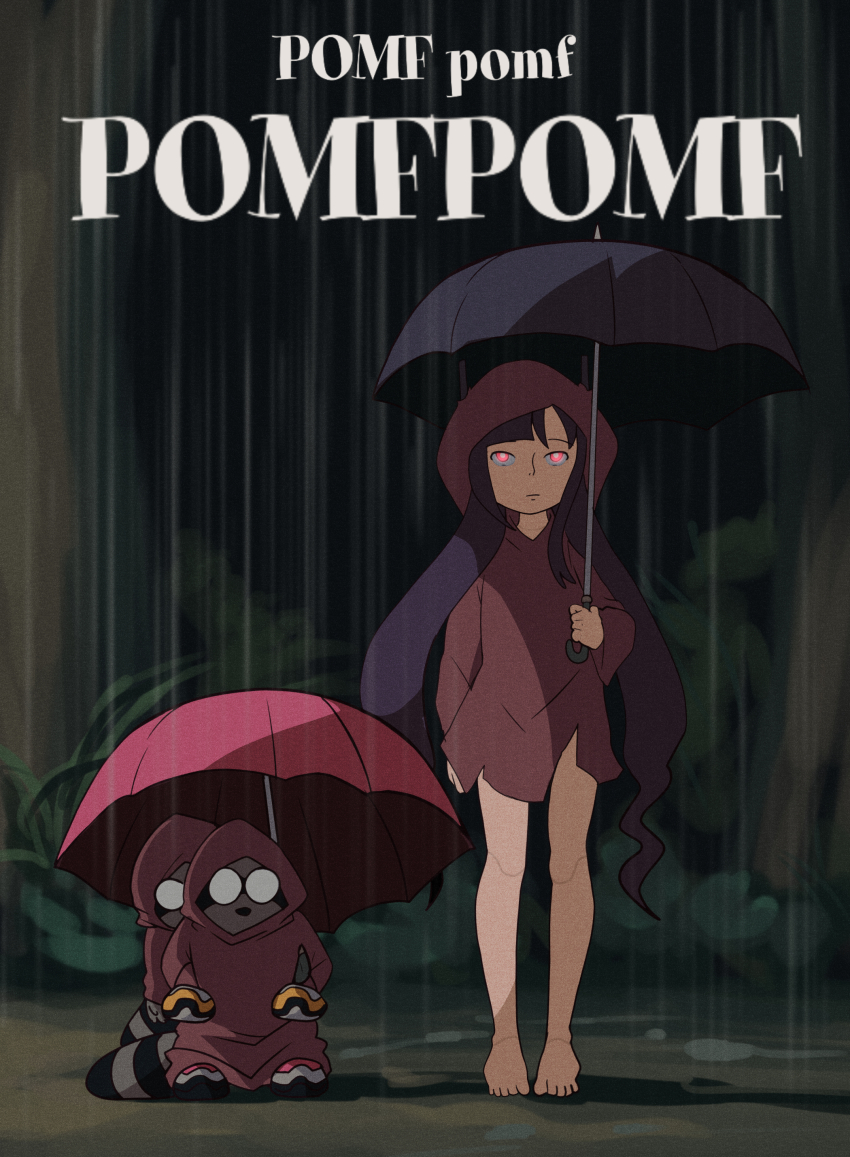 1girl absurdres animal barefoot black_hair brown_hoodie glowing glowing_eyes highres holding holding_umbrella hood hoodie jcm2 long_hair long_sleeves original pomf_(jcm2) raccoon rain standing tonari_no_totoro tree umbrella
