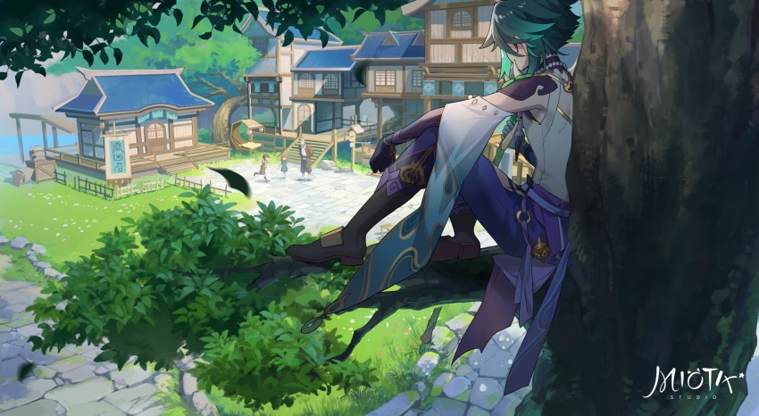 1girl 3boys aqua_hair architecture armor artist_logo bead_necklace beads chinese_commentary commentary_request darkcatowo detached_sleeves east_asian_architecture genshin_impact gradient_hair highres holding holding_polearm holding_weapon in_tree jewelry logo long_sleeves multicolored_hair multiple_boys necklace old old_man playing polearm primordial_jade_winged-spear_(genshin_impact) sidelocks sitting sitting_in_tree spiked_armor tree watching weapon wide_sleeves xiao_(genshin_impact)