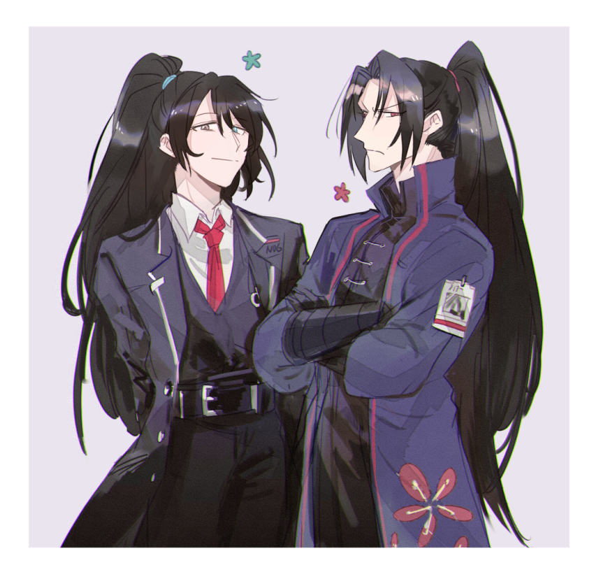 2boys belt black_coat black_gloves black_pants blue_eyes border brothers chinese_clothes coat collared_shirt cowboy_shot crossed_arms frown furrowed_brow gloves grey_eyes half_updo heterochromia high_ponytail hong_lu_(project_moon) jia_huan_(project_moon) ko_bammm limbus_company long_hair looking_at_viewer male_focus multiple_boys necktie pants ponytail project_moon red_eyes red_necktie shirt siblings smile star_(symbol) tangzhuang white_border white_shirt