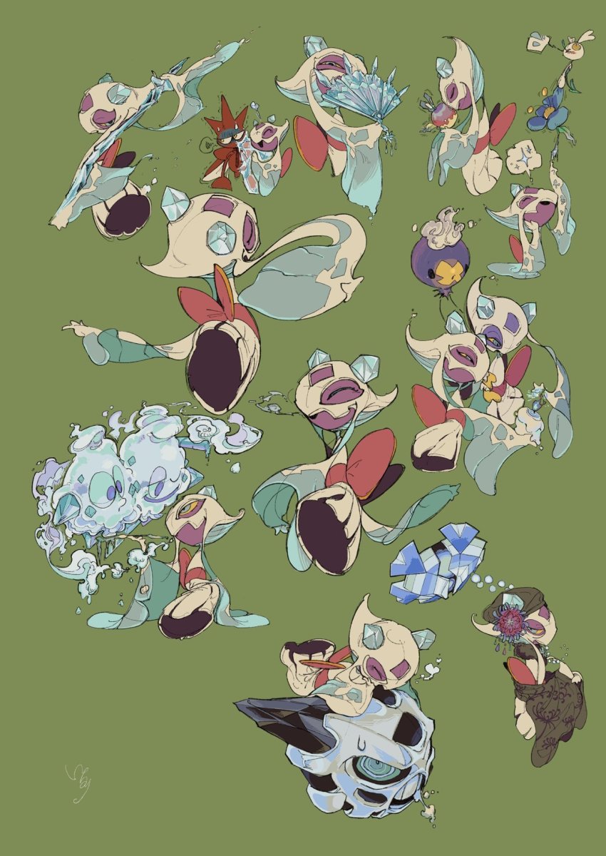 applin blue_eyes brown_headwear closed_eyes closed_mouth clothed_pokemon colored_sclera cryogonal drifloon eyelashes fire floette floette_(blue_flower) froslass gen_2_pokemon gen_3_pokemon gen_4_pokemon gen_5_pokemon gen_6_pokemon gen_8_pokemon glalie green_background hat highres holding holding_pokemon ichinori_(ka_n_zo) litwick multiple_views nintendo pokemon pokemon_(creature) scizor trembling vanilluxe yellow_sclera
