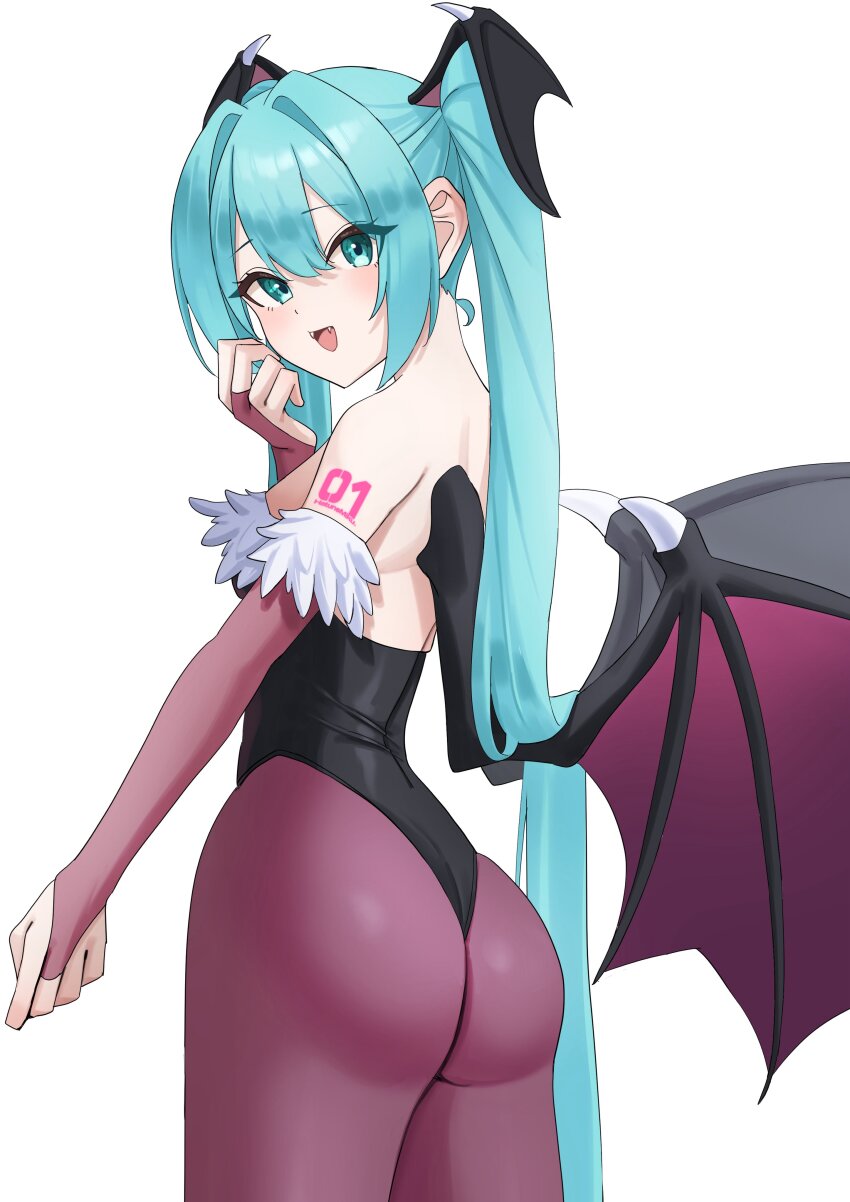 1girl absurdres alternate_costume amaama_(beccyonaika1) aqua_eyes aqua_hair ass bare_shoulders blush bridal_gauntlets come_hither demon_girl fangs from_behind hatsune_miku head_wings highres leotard long_hair looking_at_viewer open_mouth pantyhose smile solo twintails vampire very_long_hair vocaloid wings