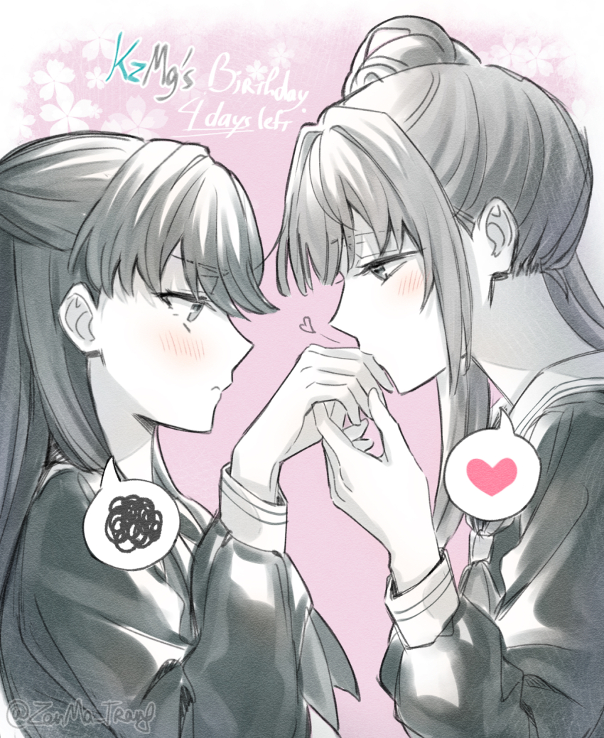 2girls blush closed_mouth commentary countdown english_text eye_contact floral_background from_side fujishima_megumi greyscale_with_colored_background hair_bun heart highres kiss kissing_hand link!_like!_love_live! long_hair looking_at_another love_live! multiple_girls otomune_kozue pink_background profile side_ponytail sidelocks sideways_mouth single_side_bun speech_bubble spoken_heart spoken_squiggle spot_color squiggle twitter_username two_side_up upper_body virtual_youtuber yuri zenma_trang