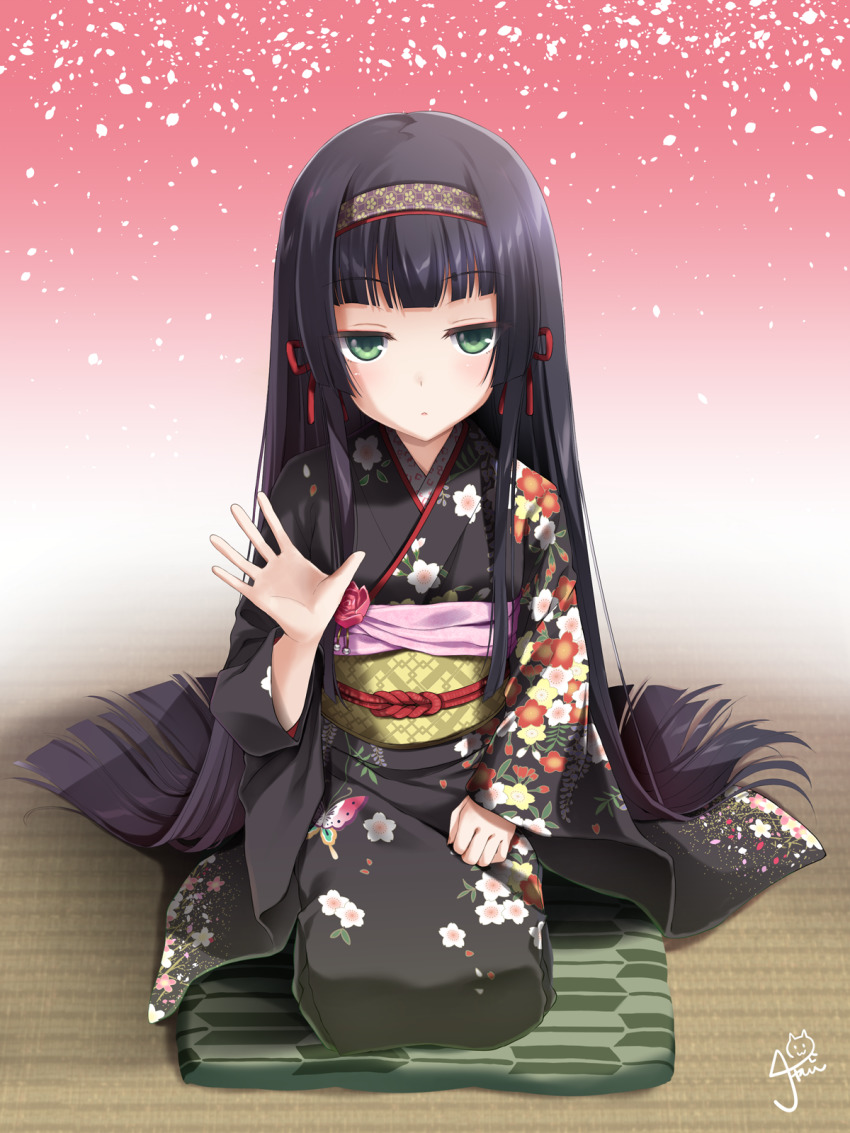 1girl bishoujo_mangekyou bishoujo_mangekyou:_kotowari_to_meikyuu_no_shoujo bishoujo_mangekyou_(series) black_hair blunt_bangs blush chaamii cushion floor floral_print green_eyes hairband highres hime_cut japanese_clothes jitome kimono long_hair looking_at_viewer obi parted_lips print_kimono renge_(bishoujo_mangekyou) sash seiza signature sitting solo very_long_hair waving yagasuri zabuton