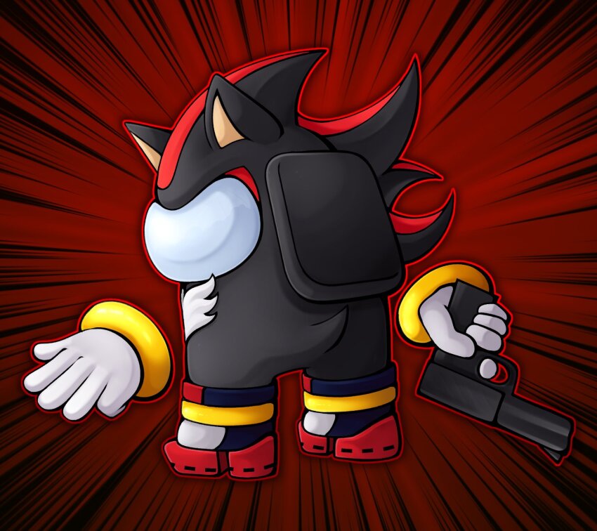 1boy among_us black_(among_us) commission cosplay disembodied_hand emphasis_lines full_body gun highres holding holding_gun holding_weapon male_focus outline rayman_limbs red_outline shadow_the_hedgehog shadow_the_hedgehog_(cosplay) shadow_the_hedgehog_(game) slys_(jesterdysphoria) solo sonic_(series) weapon
