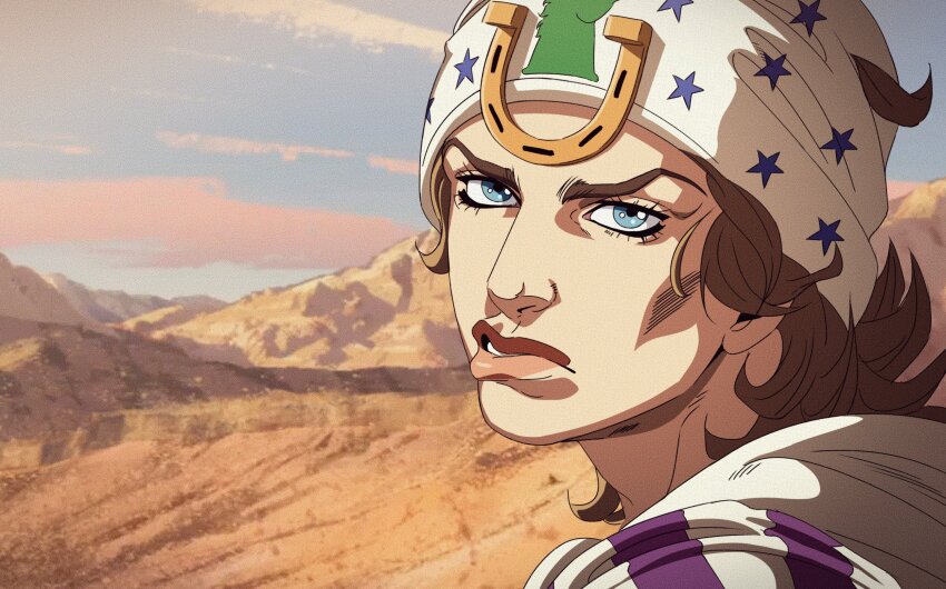 1boy absurdres anime_coloring araki_hirohiko_(style) beanie blue_eyes brown_hair grandguerrilla hat highres hood hoodie horse_print horseshoe_hat_ornament johnny_joestar jojo_no_kimyou_na_bouken parted_lips portrait star_(symbol) star_print steel_ball_run teeth white_hat white_hoodie