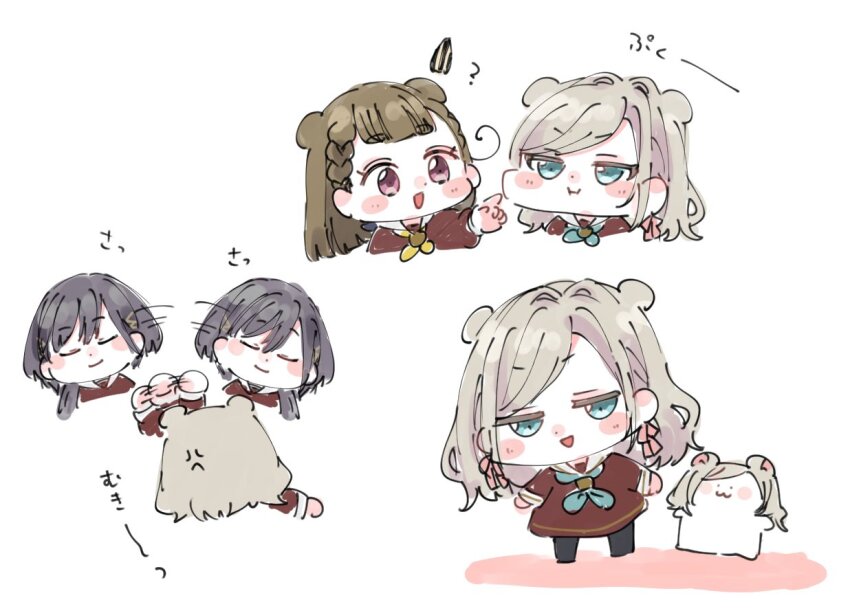 3girls :d :i afterimage anger_vein animal_ears animalization aqua_neckerchief black_pantyhose blue_eyes blush_stickers braid brown_dress center-flap_bangs ceras_yanagida_lilienfeld chibi chibi_only closed_eyes dress grey_hair hair_ornament half-closed_eyes hamster hamster_ears hamster_girl hasu_no_sora_school_uniform jitome kachimachi_kosuzu katsuragi_izumi link!_like!_love_live! long_hair long_sleeves love_live! moso_(expect66) multiple_girls multiple_views neckerchief open_mouth pantyhose person_and_animalization pink_eyes puffy_cheeks sailor_collar sailor_dress school_uniform seed side_ahoge side_braids simple_background smile standing sunflower_seed swept_bangs triangle_hair_ornament u_u v-shaped_eyebrows virtual_youtuber white_background white_sailor_collar winter_uniform wolf_cut yellow_neckerchief