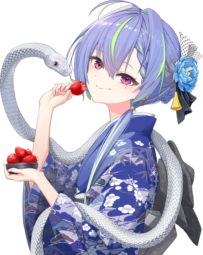 1girl 2025 absurdres alternate_costume blue_flower blue_hair blue_kimono blush bowl chinese_zodiac closed_mouth commentary_request floral_print floral_print_kimono flower food fruit green_hair hair_flower hair_intakes hair_ornament highres holding holding_bowl japanese_clothes kimono long_sleeves looking_at_viewer looking_to_the_side mole mole_under_eye multicolored_hair nanashi_inc. ougimaneki pink_eyes print_kimono short_hair smile snake solo strawberry suzumi_nemo tassel tassel_hair_ornament transparent_background two-tone_hair upper_body variant_set virtual_youtuber wide_sleeves year_of_the_snake yukata