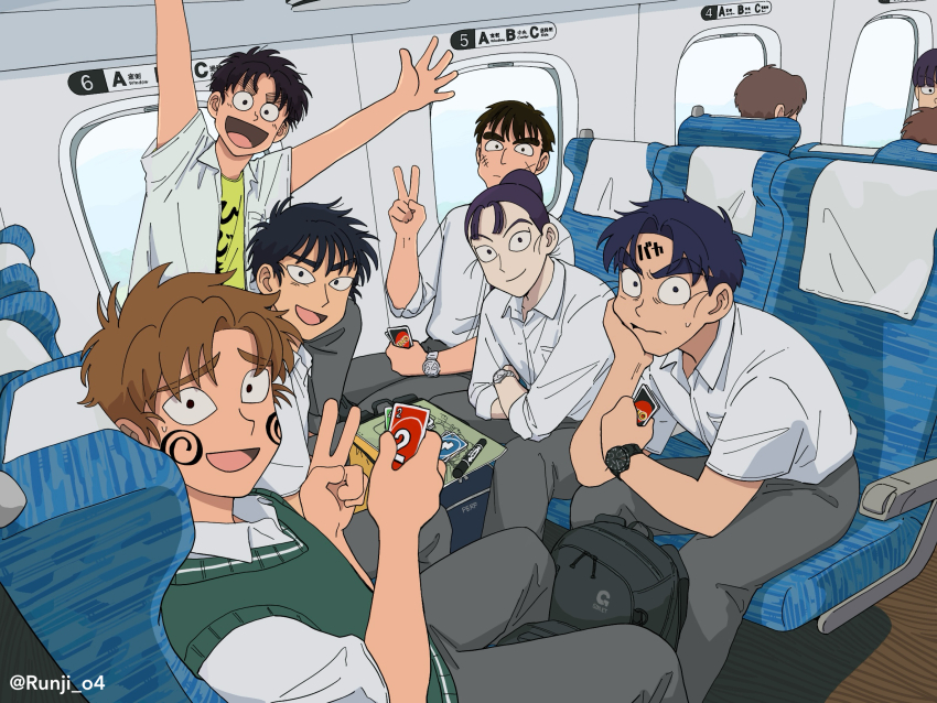 6+boys aircraft airplane airplane_interior alternate_hair_length alternate_hairstyle alternate_universe annoyed arms_up backpack bag black_hair board_game body_writing business_casual card chair contemporary facial_mark frown furrowed_brow green_sweater_vest grey_pants group_picture happy highres indoors kema_tomesaburou leaning_forward leaning_to_the_side looking_at_viewer looking_back male_focus marker matching_outfits multiple_boys nakazaike_chouji nanamatsu_koheita on_chair pants perspective playing_card rakudai_ninja_rantarou runji_o4 sanpaku shioe_monjirou shirt short_sleeves sitting sleeves_rolled_up smile sweatdrop sweater_vest tachibana_senzou twitter_username uno_(game) unworn_backpack unworn_bag v v-neck watch white_shirt wristwatch zenpouji_isaku