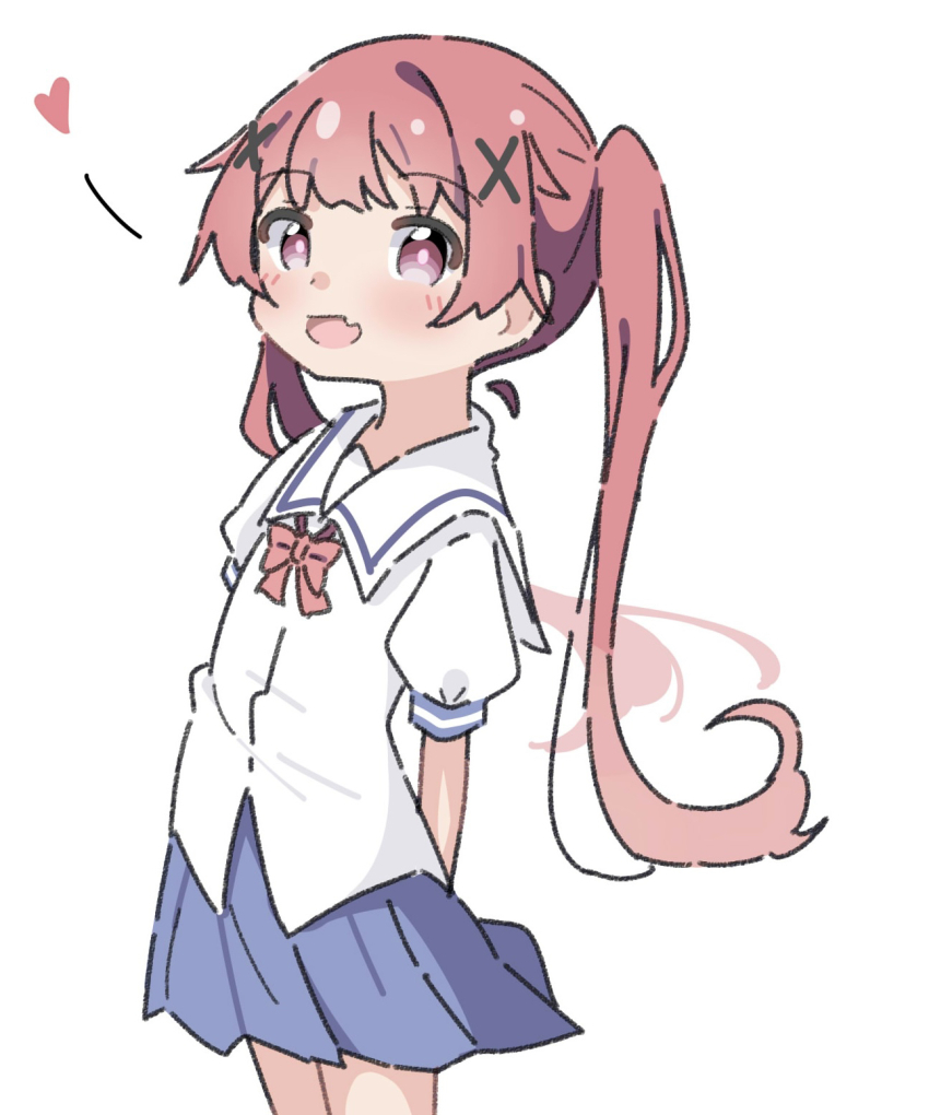 1girl blue_skirt bow fang hair_ornament heart highres kapuru_0410 long_hair looking_at_viewer pleated_skirt puffy_sleeves purple_eyes school_uniform shirt short_sleeves simple_background skirt smile solo tanemura_koyori twintails watashi_ni_tenshi_ga_maiorita! white_background white_shirt x_hair_ornament