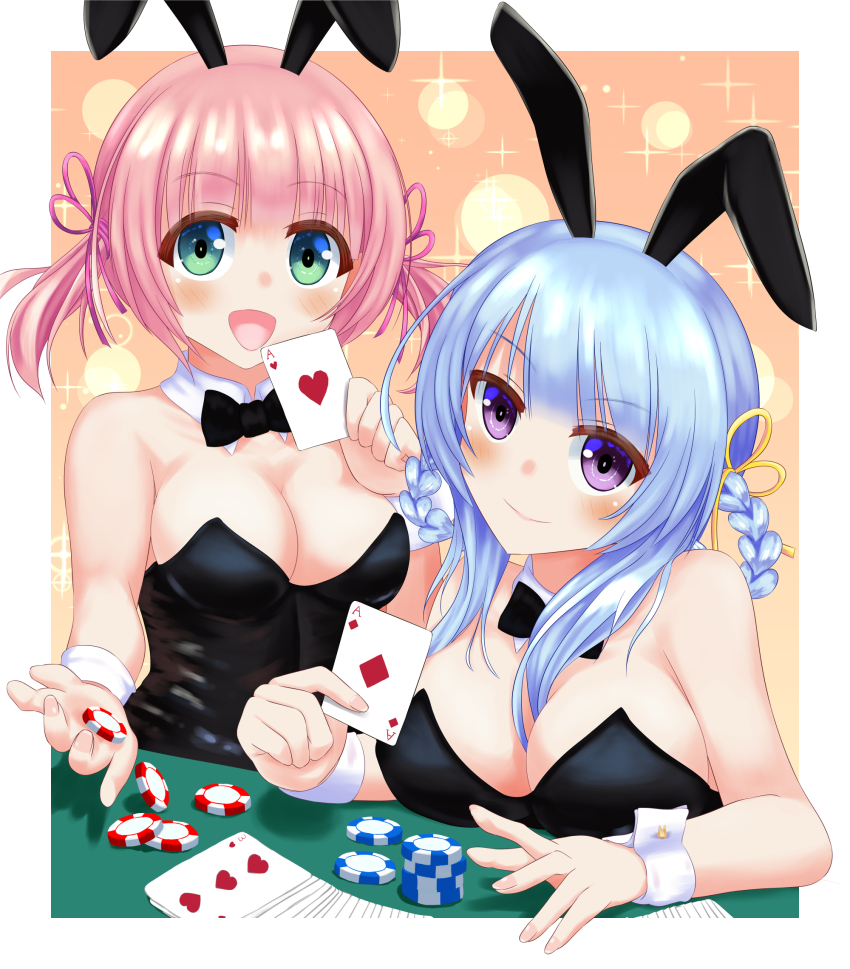 2girls animal_ears black_bow black_bowtie blue_hair bow bowtie breasts card casino christine_ketoura cleavage coin green_eyes highres iris_mysteria! large_breasts leotard looking_at_viewer multiple_girls olivie_cromwright pink_hair playboy_bunny playing_card purple_eyes rabbit_ears short_twintails sktv7753 twintails