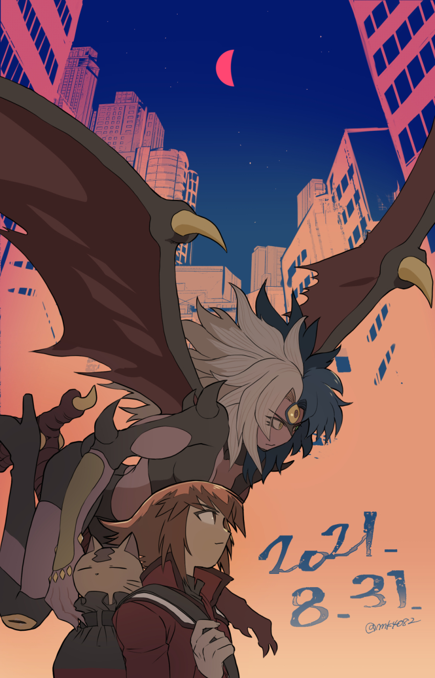 1boy 1other brown_hair cat city claws closed_mouth dated demon_wings eyelashes half_moon heterochromia highres long_hair moiko moon multicolored_hair outdoors split-color_hair wings yu-gi-oh! yu-gi-oh!_gx yubel yuki_judai