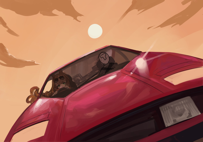 1girl 1other animal_ears blowing_bubble_gum blowing_bubbles blue_eyes brown_hair brown_sky car chewing_gum cloud commentary_request dokomon dutch_angle eyewear_on_head floating_hair highres horse_ears horse_girl korean_commentary lamborghini_countach long_hair maruzensky_(umamusume) motor_vehicle outdoors red_car sun sunglasses sweat t-head_trainer_(umamusume) trainer_(umamusume) umamusume
