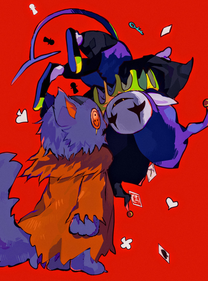 2boys animal_ears barefoot black_footwear black_sclera body_fur button_eyes buttons card cat_ears cat_tail chess_piece clown clown_boy coat colored_sclera colored_skin deltarune demon_tail face-to-face fangs floating floating_object fur-trimmed_coat fur_trim furry furry_male hat heart highres jester jester_boy jester_cap jevil key male_focus multiple_boys neck_ruff no_nose orange_coat pants playing_card pointy_ears purple_fur purple_pants purple_skin red_background seam_(deltarune) simple_background smile spade_(shape) standing tail upside-down utdr_(toby_fox) y_o_u_k_a