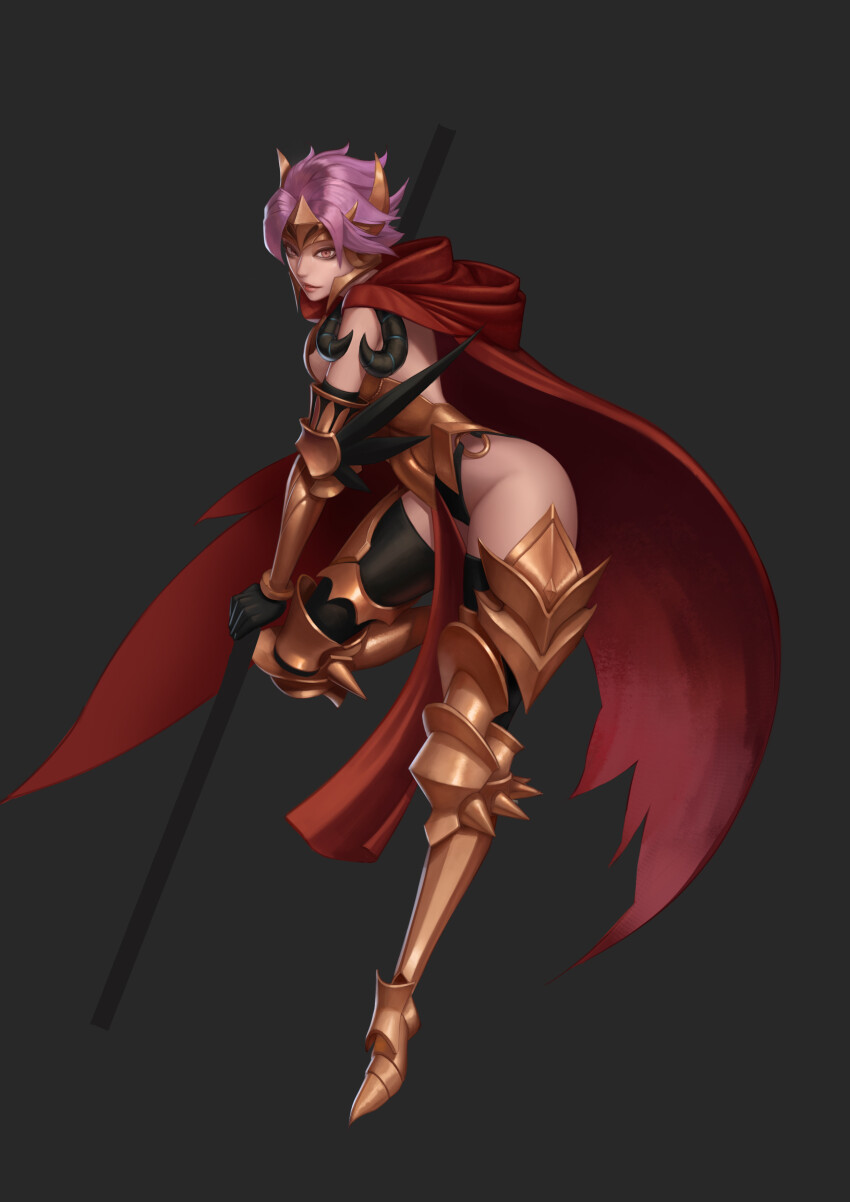 1girl absurdres armor ass cape character_request eileen_(seven_knights) fake_horns full_body gloves gold grey_background hantata highres holding holding_weapon horns lips pink_eyes pink_hair serious spiked_hair staff weapon