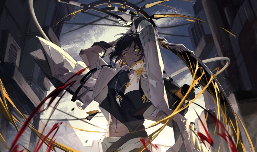 1boy absurdres arknights arms_up bag black_bag black_hair black_shirt building canister chain chain_necklace chinese_commentary cloud coat commentary_request condenser_unit dark-skinned_male dark_skin duffel_bag earclip gloves gold_trim grey_sky highres holding holding_sword holding_weapon incoming_attack jewelry looking_at_viewer looking_down male_focus midriff midriff_peek necklace open_clothes open_coat pants scar scar_on_stomach shieryue164 shirt sky solo sword t-shirt thorns_(arknights) tooth_necklace upper_body vial weapon white_coat white_gloves white_pants yellow_eyes