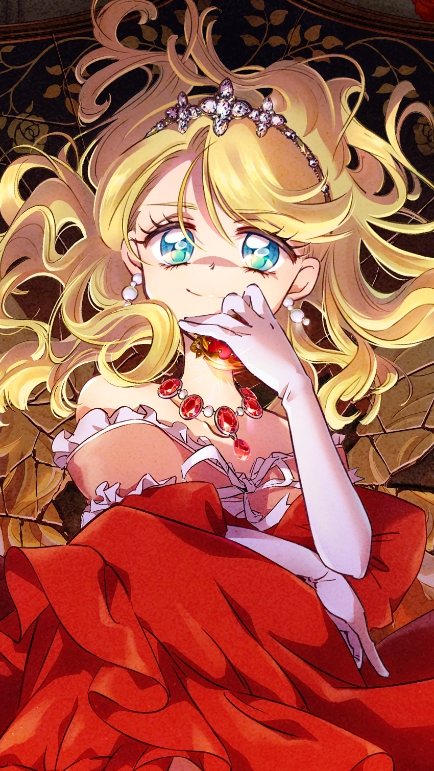 1girl ashita_no_nadja blonde_hair blue_eyes broken_mirror commentary_request crown dress earrings elbow_gloves evil_smile eyelashes floating_hair gloves highres holding jewelry kuwabara_(mola_8) long_hair looking_at_viewer mirror necklace red_dress rosemary_applefield smile solo upper_body white_gloves