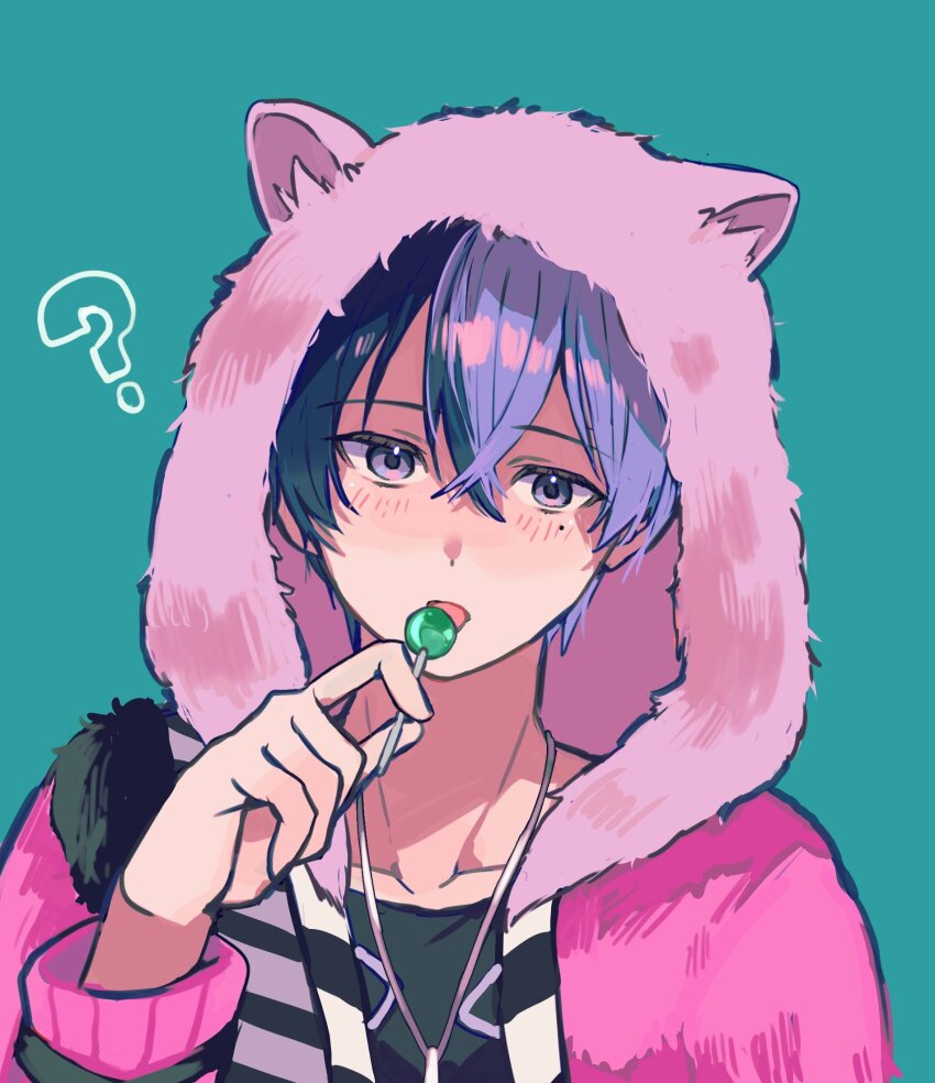 1boy ? animal_ears animal_hood aoyagi_touya awakening_beat_(project_sekai) beat_eater_(vocaloid) blue_hair blush candy commentary_request dark_blue_hair fake_animal_ears food green_background hair_between_eyes hand_up highres holding holding_candy holding_food holding_lollipop hood hood_up hooded_jacket jacket jewelry kinomi_3030 lollipop long_sleeves male_focus mole mole_under_eye multicolored_hair necklace official_alternate_costume project_sekai short_hair simple_background solo split-color_hair two-tone_hair upper_body