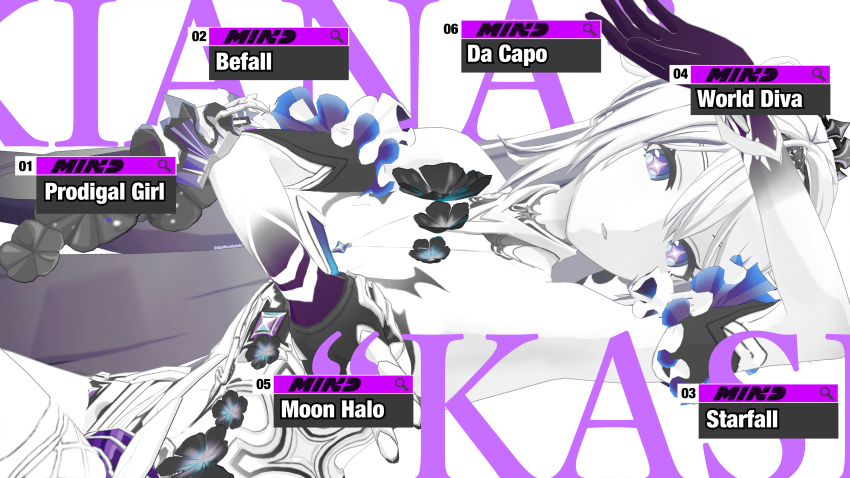 1girl 3d abilfloridaarts absurdres arm_over_head character_name commentary crown diamond-shaped_pupils diamond_(shape) dress english_commentary english_text flower_clothes gradient_hair high_ponytail highres honkai_(series) honkai_impact_3rd kiana_kaslana kiana_kaslana_(herrscher_of_finality) limited_palette lying mihoyo multicolored_hair parody parted_lips ponytail purple_hands purple_pupils solo star-shaped_pupils star_(symbol) symbol-shaped_pupils white_dress white_hair zenless_zone_zero