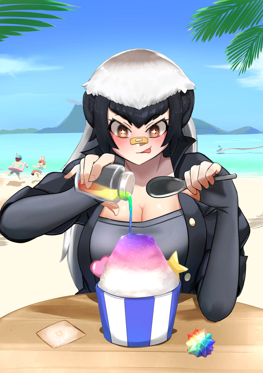 1boy 2girls absurdres badger_ears bandaid bandaid_on_face bandaid_on_nose beach bikini black_hair blue_bikini blue_sky breasts bucket_hat captain_(kemono_friends) cleavage cloud cup day food hat hat_feather highres holding holding_spoon ice_cream_cup innertube john_(a2556349) kemono_friends kemono_friends_3 large_breasts lucky_beast_(kemono_friends) multicolored_hair multiple_girls ocean palm_tree ratel_(kemono_friends) sand sandstar shaved_ice shore sky spoon swim_ring swimsuit tree two-tone_hair volcano water white_hair