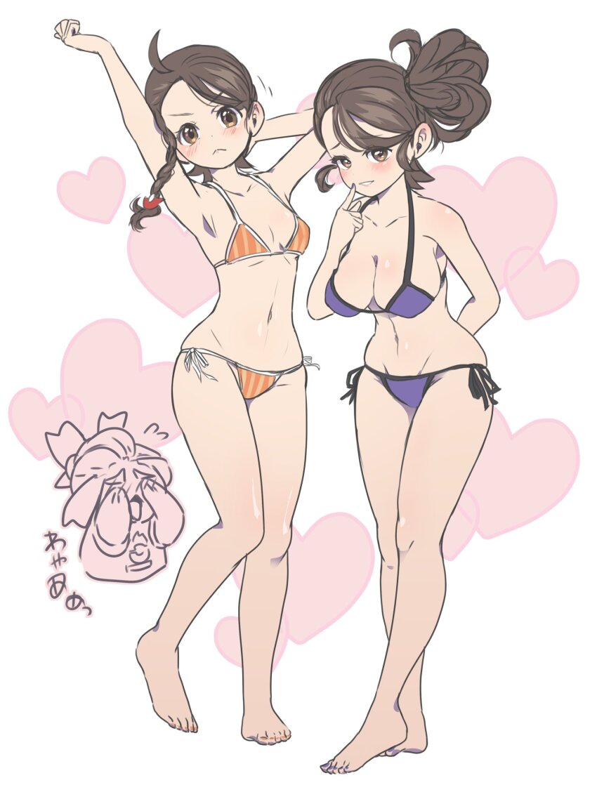 2girls :&lt; ahoge alternate_breast_size alternate_costume arm_behind_back arm_behind_head arm_up bikini blush braid breasts brown_eyes brown_hair chest_blush doodle_inset dual_persona finger_to_mouth fingernails grin gyakutenndokei2 hair_ornament hairclip hand_up heart heart_background highres index_finger_raised juliana_(pokemon) kieran_(pokemon) knee_blush large_breasts looking_at_viewer multiple_girls nail_polish navel nintendo official_alternate_hairstyle orange_bikini orange_nails parted_lips poke_ball_hair_ornament pokemon pokemon_sv purple_bikini purple_nails short_hair shoulder_blush side_braid side_ponytail single_braid small_breasts smile string_bikini striped_bikini striped_clothes swimsuit toenail_polish toenails translation_request vertical-striped_bikini vertical-striped_clothes