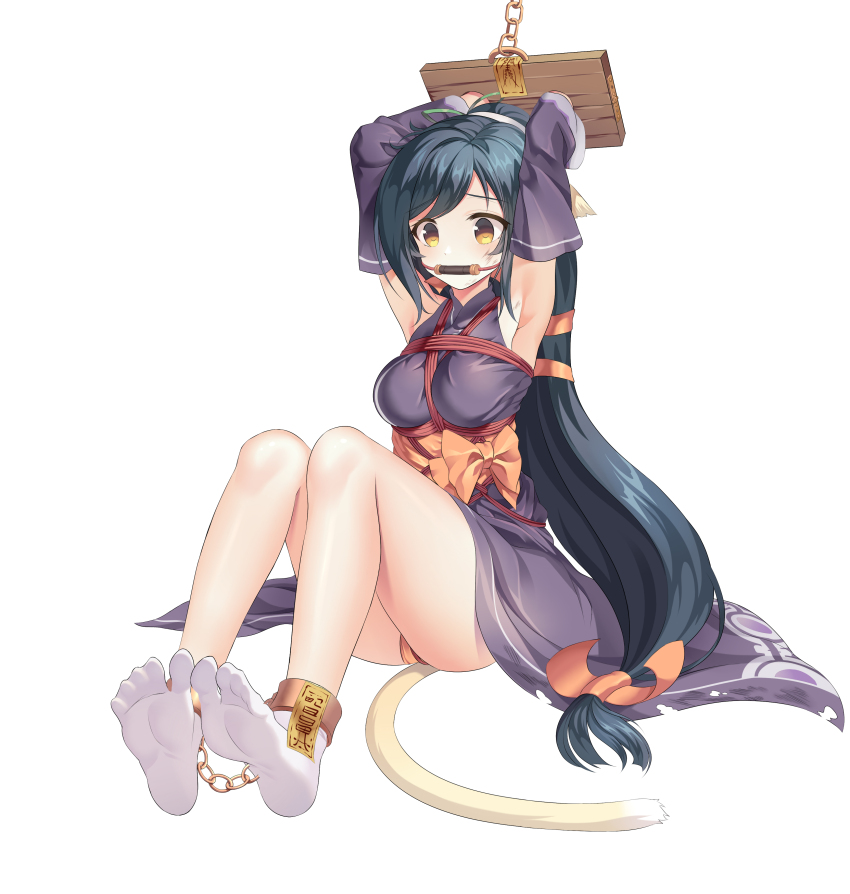 1girl absurdres animal_ears armpits arms_up artist_request bare_legs bdsm bit_gag black_hair bondage bound bound_arms bound_legs breasts cat_tail commission commissioner_upload crotch_rope cuffs detached_sleeves dirty dirty_face feet gag highres jewelry kuon_(utawarerumono) long_hair low-tied_long_hair medium_breasts no_shoes panties restrained rope sash shackles shibari shibari_over_clothes sitting socks soles solo tabi tail thighs toes underwear utawarerumono white_background white_socks