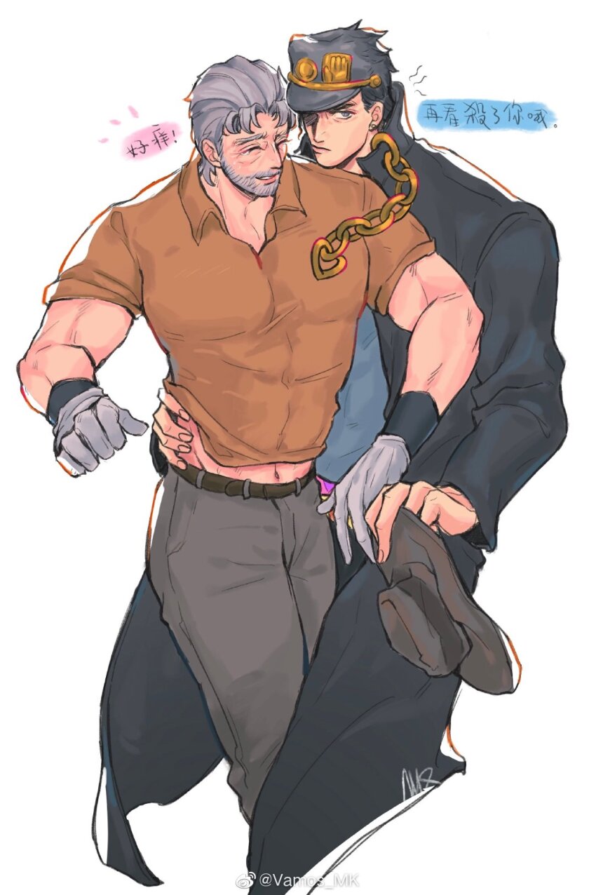 2boys aquiline_nose black_coat black_hair brown_shirt chain closed_eyes closed_mouth coat covered_pectorals grandfather_and_grandson grey_beard grey_hair grey_pants hand_on_another&#039;s_hip hat highres holding holding_unworn_clothes holding_unworn_hat incest jojo_no_kimyou_na_bouken joseph_joestar joseph_joestar_(old) kuujou_joutarou long_sleeves male_focus multiple_boys navel nose old old_man pants pectorals shirt short_hair short_sleeves stardust_crusaders tears translation_request unworn_hat unworn_headwear vamos_mk white_background