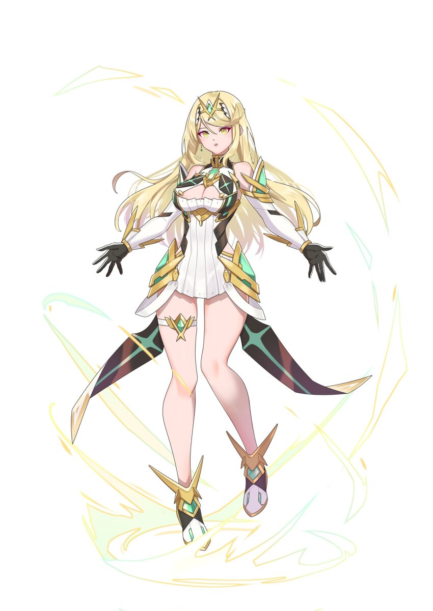 1girl bare_shoulders blonde_hair breast_cutout breasts chest_jewel cleavage commentary_request dress earrings elbow_gloves full_body gloves headpiece hehe_jun highres jewelry knees_together_feet_apart large_breasts long_hair looking_at_viewer microdress mythra_(xenoblade) simple_background solo standing swept_bangs thigh_strap tiara very_long_hair white_background xenoblade_chronicles_(series) xenoblade_chronicles_2 yellow_eyes