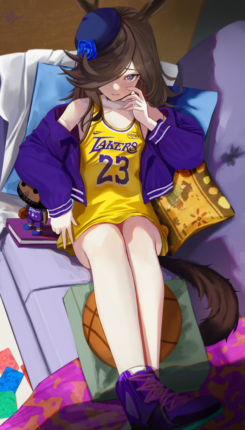 1girl alternate_costume animal_ears ball bao_(pixiv_99415611) bare_shoulders basketball basketball_(object) basketball_jersey basketball_uniform brown_hair card commentary_request couch full_body highres horse_ears horse_girl horse_tail jacket jacket_partially_removed legs_up long_hair long_sleeves looking_at_viewer los_angeles_lakers on_couch pillow purple_eyes purple_shoes rice_shower_(umamusume) shoes sneakers solo sportswear tail tilted_headwear towel umamusume
