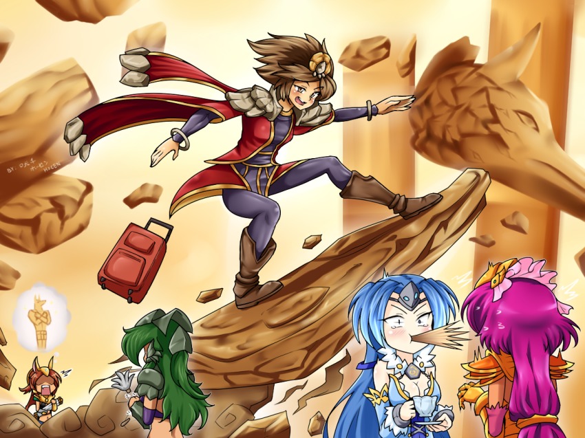 animal_ears azir blue_eyes brown_eyes brown_hair comic cup dark_skin dark-skinned_female genderswap genderswap_(mtf) green_hair league_of_legends long_hair multiple_girls nasus personification renekton short_hair smile spit_take spitting surfing taliyah teacup vilde_loh_hocen xerath