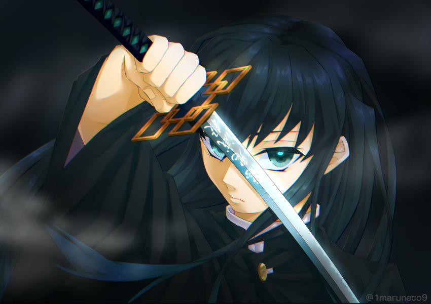 1boy absurdres black_background black_hair chinese_text closed_mouth demon_slayer_uniform eyelashes green_eyes highres holding holding_sword holding_weapon kimetsu_no_yaiba long_hair male_focus marunecosan solo sword sword_in_front_of_face sword_writing tokitou_muichirou translated twitter_username upper_body weapon wide_sleeves