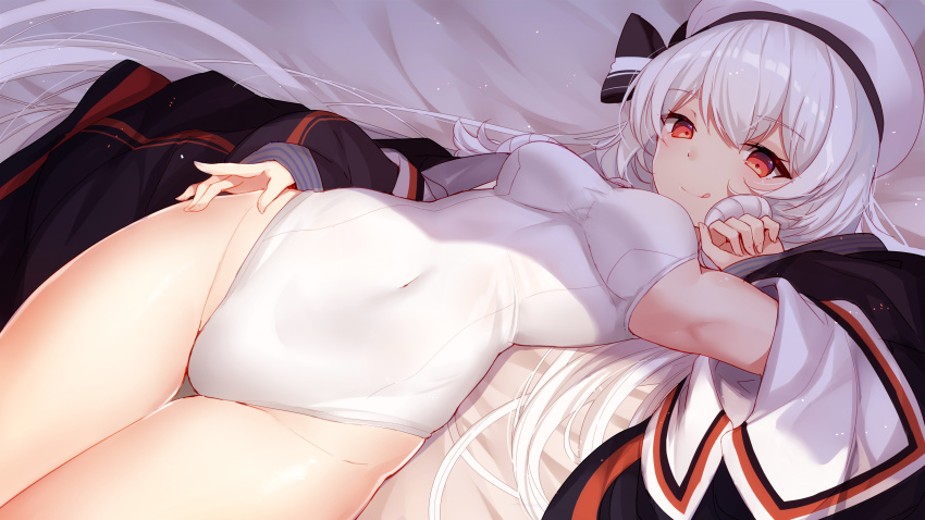 1girl absurdres armpits bare_shoulders bed_sheet bison_cangshu blonde_hair blush bow breasts chaser_(warship_girls_r) closed_mouth cowboy_shot female_focus hair_between_eyes hair_bow hair_ornament hat highleg highleg_one-piece_swimsuit highres long_hair looking_at_viewer lying medium_breasts navel on_back on_bed one-piece_swimsuit red_eyes solo swimsuit thighs tongue tongue_out warship_girls_r white_hat white_one-piece_swimsuit